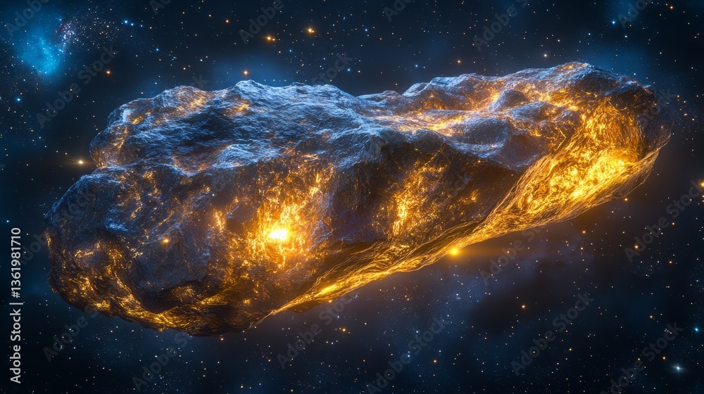 Fototapeta premium A massive, glowing meteorite with intricate textures, captured in space with stars around 