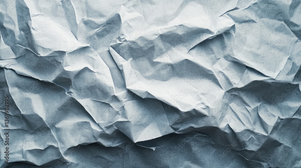Fototapeta premium Crumpled blue paper texture showcasing intricate folds and shadows, ideal for backgrounds or artistic projects