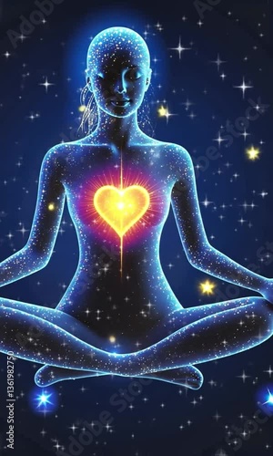 Mystical Meditation with Glowing Chakras in Cosmic Energy Field, a woman meditating in a lotus position, surrounded by a glowing cosmic aura. Her body radiates vibrant chakra energy, with each energy 