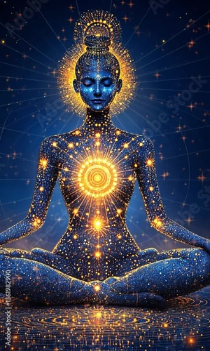 Mystical Meditation with Glowing Chakras in Cosmic Energy Field, a woman meditating in a lotus position, surrounded by a glowing cosmic aura. Her body radiates vibrant chakra energy, with each energy 