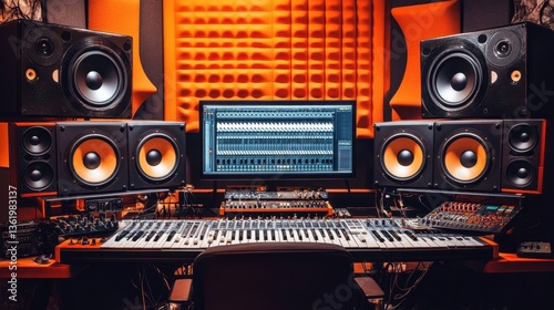 Studio monitor speakers positioned symmetrically in an acoustically treated music production room