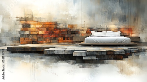 Modern bedroom with textured wall and platform bed.