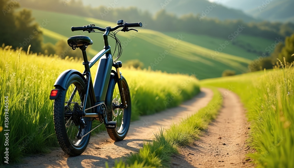 Obraz premium Electric bicycle explores countryside. Sustainable eco-friendly travel, bike tour through scenic nature landscape. Modern e-bike ride, eco-tourism, leisure activity and adventure on green energy.