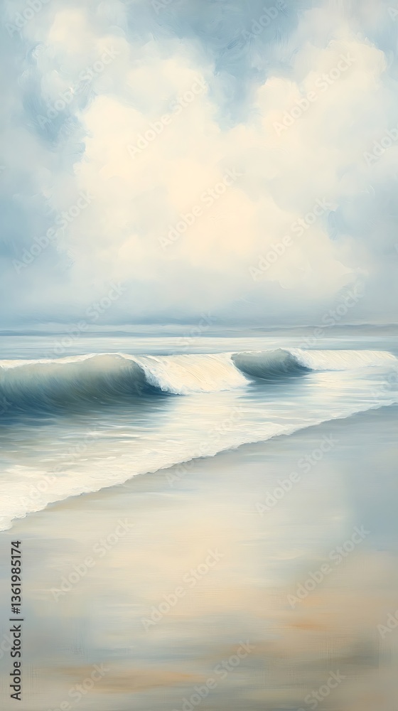 Serene Coastal Waves for Sandy Beach, Cloudy Sky. Serene Coastal Waves for Sandy Beach, Cloudy Sky.