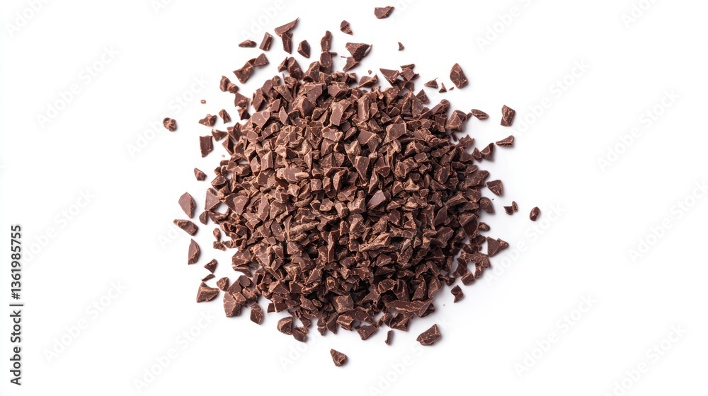 A close-up view of finely chopped chocolate pieces on a white background, perfect for culinary and baking uses A close-up view of finely chopped chocolate pieces on a white background, perfect for culinary and baking uses