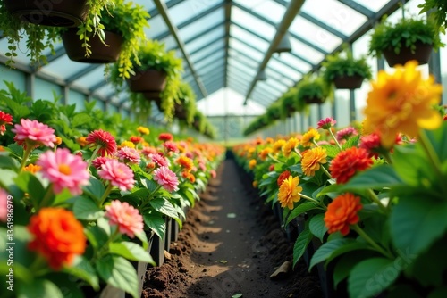 Greenhouse filled with colorful flowers blooming on lush, green plants,  blooming,  horticulture