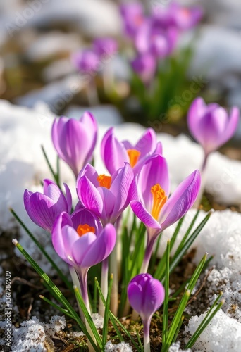 Purple crocus pushing through melting snow, vibrant spring color, landscape, image, winter