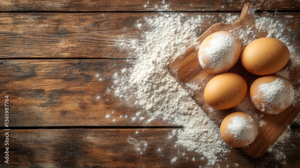Baking ingredients with eggs and flour on rustic surface Baking ingredients with eggs and flour on rustic surface