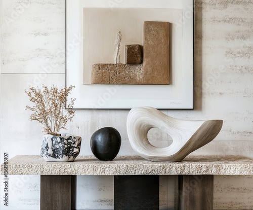Elegant console table styling with artistic sculptures, ceramics, and decorative elements. A refined and curated interior vignette. 