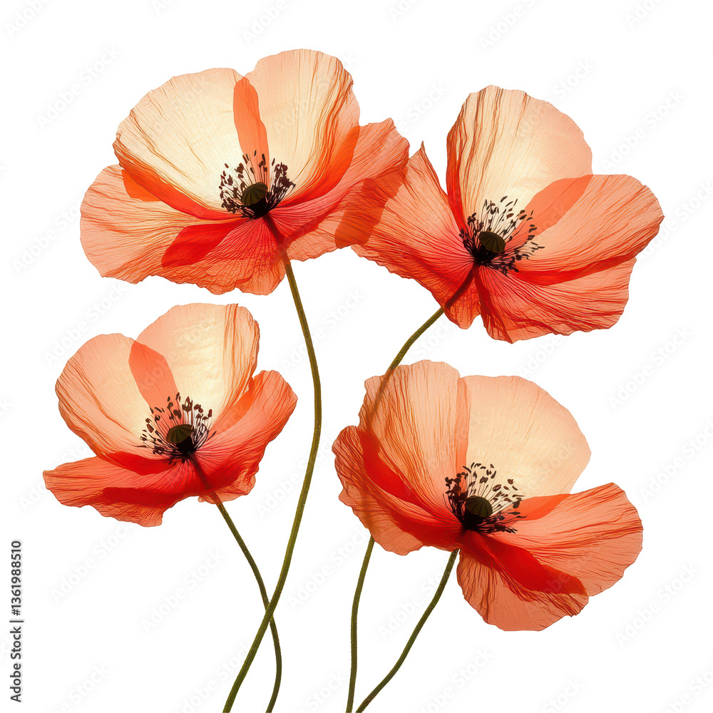 Obraz premium Crimson Blooms: Four radiant poppy flowers stand tall, their delicate, translucent petals catching the light and revealing intricate details. This image captures the beauty of nature's art.