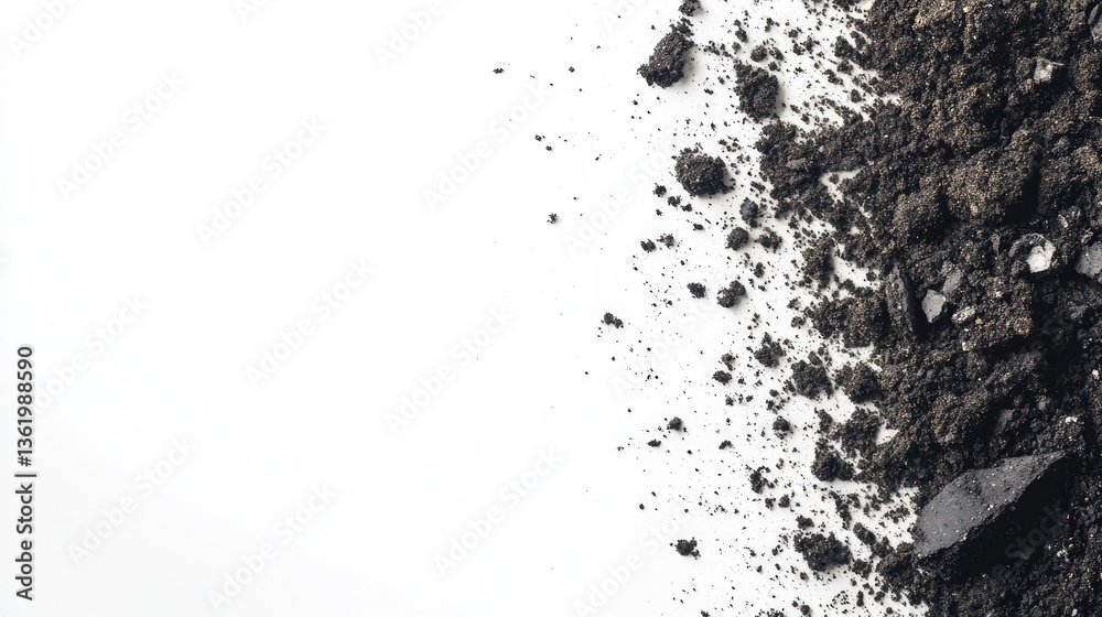 Obraz premium Close-up of dark soil spilling onto a white surface, symbolizing nature and agriculture in a clean environment