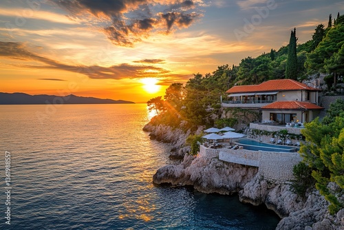 Coastal Villa, Dramatic Seascape, Croatia, Sunset, Luxury Home, Infinity Pool, Rocks