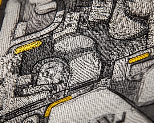 Close-up of intricate gray and yellow embroidered textile.
