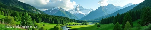 Green landscape in mountains with lush forests, meandering streams, and snow-capped peaks in the background,  green,  adventure