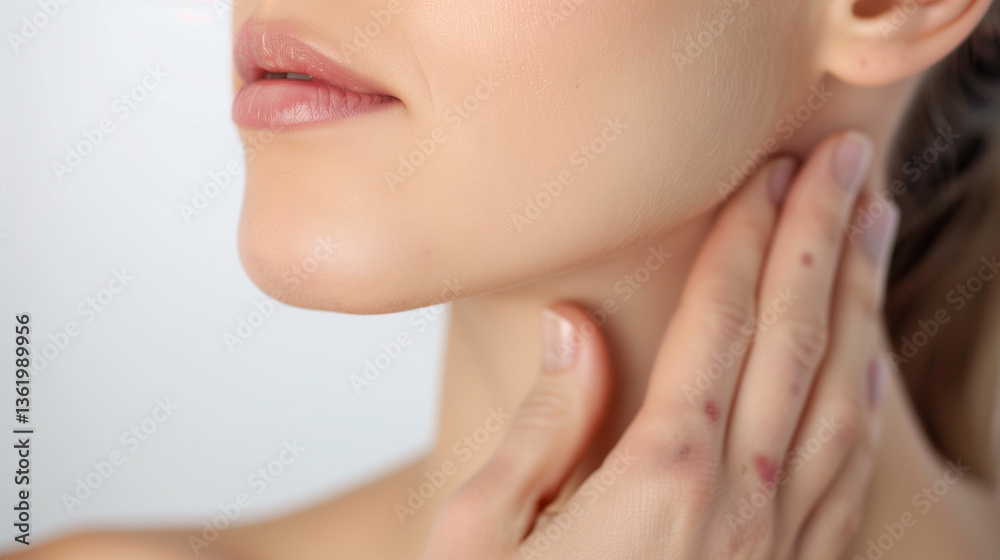Fototapeta premium Worried young woman gently touching her neck with subtle concern, expressing anxiety or health issues, medical checkup and nervousness concept