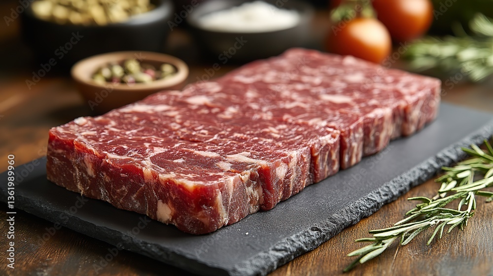 Fototapeta premium rectangular slab of traditional cured meat kavurma with a marbled texture,rich savory flavor ideal for turkish cuisine sandwiches or as a hearty meal component