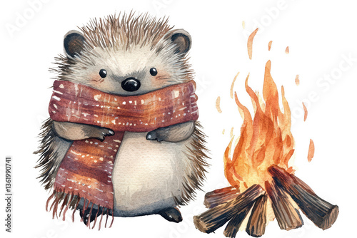 A cute hedgehog wearing a scarf stands beside a cozy campfire, radiating warmth and charm.