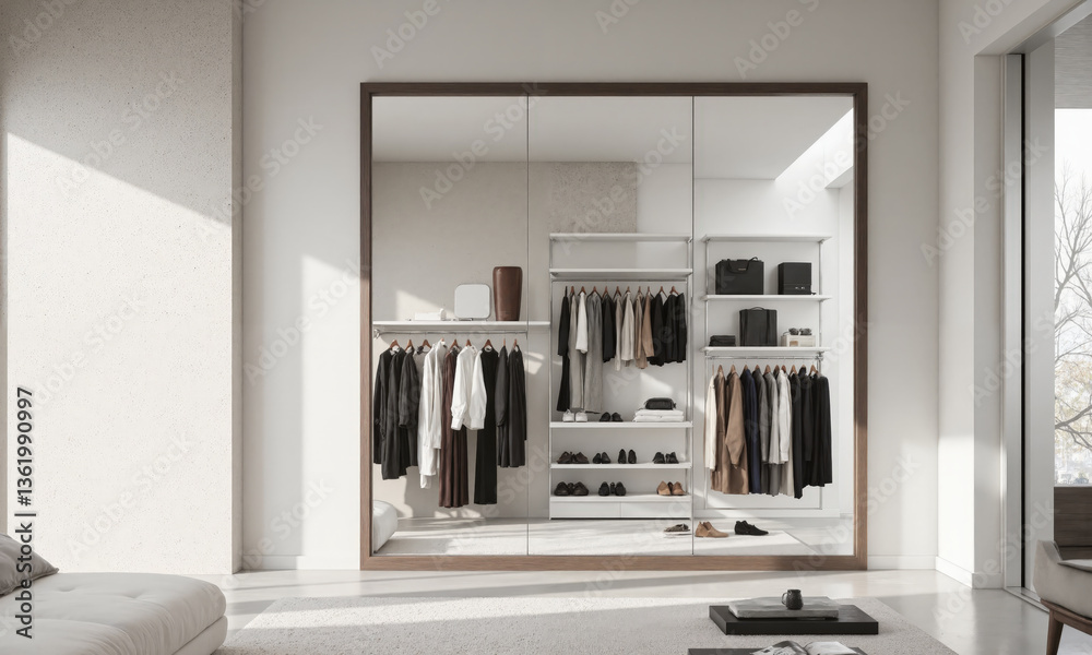 A smart mirror wardrobe with built-in AI that suggests clothing based on weather forecasts, calendar events, and personal style preferences. The mirror includes