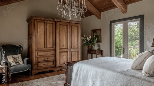 Serene Bedroom with Wooden Armoire and French Doors