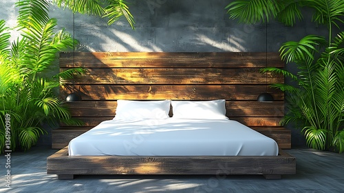 Modern bedroom with wooden headboard, white bedding, and tropical plants.