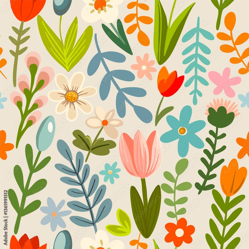 Hello spring, happy Easter! Seamless pattern in flat cute style. Digital illustration for posters, wrapping paper, textile, wallpaper Hello spring, happy Easter! Seamless pattern in flat cute style. Digital illustration for posters, wrapping paper, textile, wallpaper
