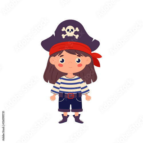 Cute girl child in pirate costume. Happy little girl dressed in pirate costume. Flat vector illustration of girl at pirate party