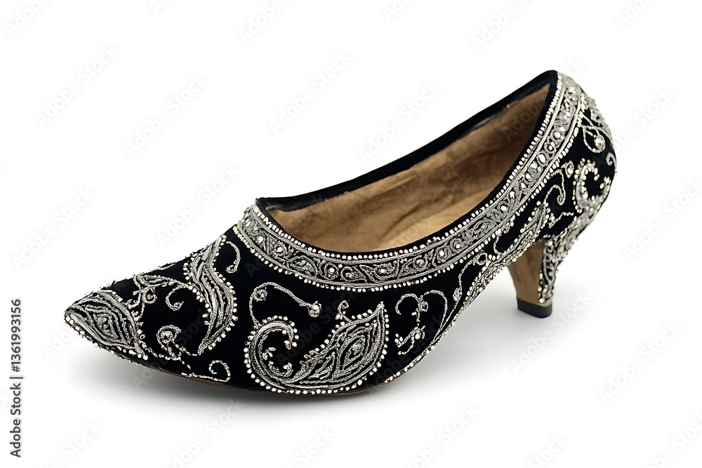 Obraz premium 3D Luxurious Black Velvet Khussa with Silver Embroidery