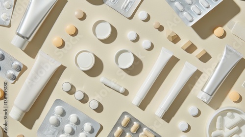 Modern flat display of various medical plasters, cream tubes and lozenges on a smooth cream surface.