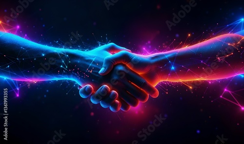 Digital handshake on blue technology background. Abstract two hands in lines, connected dots, and triangles. Polygonal grid 3D vector illustration. Business partnership concept. Low poly wireframe.