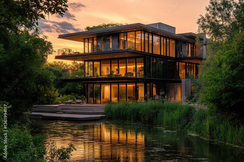 Modern Architecture Luxurious Glass House with Lake Reflections at Sunset Serene Modern Architecture Luxurious Glass House with Lake Reflections at Sunset Serene