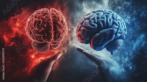 This image creatively depicts the duality of the human mind with two distinct brains, symbolizing contrasting thoughts, emotions, and abstract ideas against a cosmic backdrop.