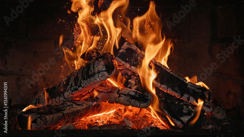 Close-up of Hot Embers with Flying Sparks . Concept of heating Fireplace