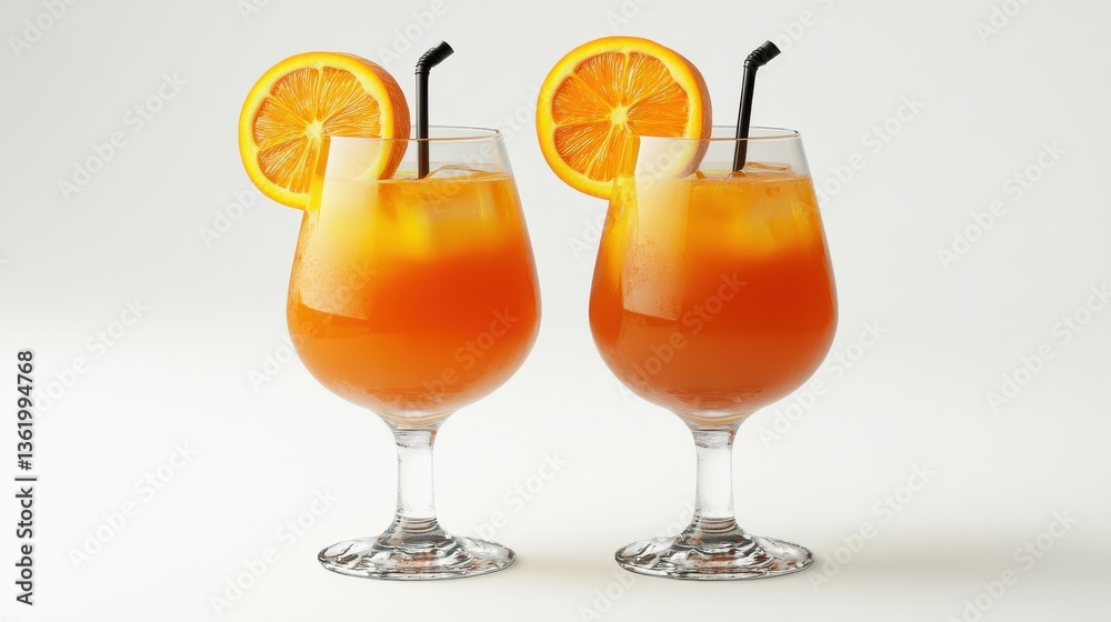 Two glasses of orange juice isolated on a white background, 3D rendering. Two glasses of orange juice isolated on a white background, 3D rendering.