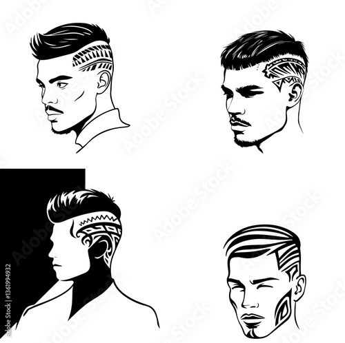 Male profile with a fashionable haircut. Set of vector sketches in style of tribal tattoo