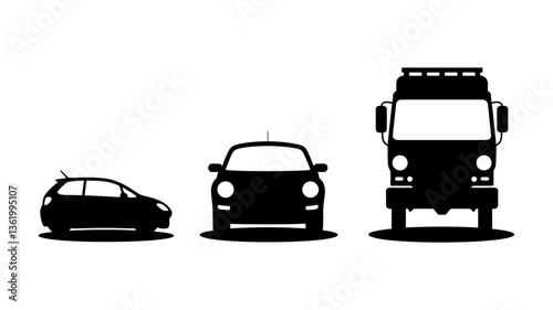 Car Icon Set - Black Silhouettes of Different Vehicle Models such as Hatchback, Sedan, and Truck, Designed for UI/UX, Web, Logos, and Graphic Design Projects with Minimalist Style photo