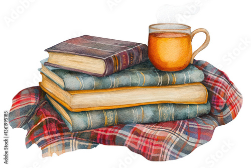 A stack of vintage books topped with a steaming cup, resting on a cozy plaid blanket.