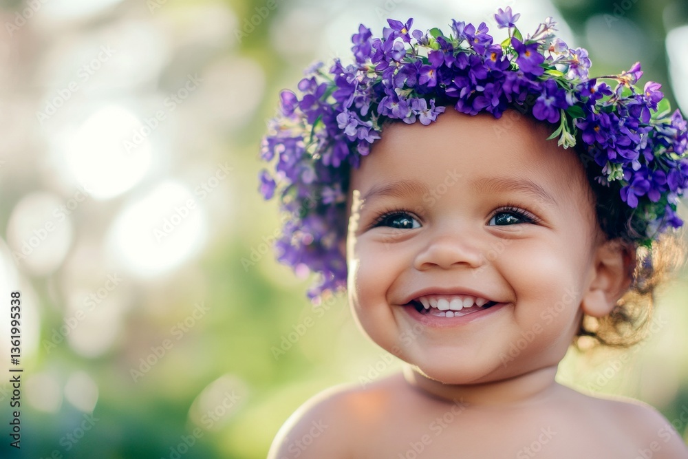 Smiling mixed-race infant boy with tt hair wearing purple flower crown on his head. Early sunshine. Happy vacation time holidays visual idea. Handsome child with floral charm. Smiling mixed-race infant boy with tt hair wearing purple flower crown on his head. Early sunshine. Happy vacation time holidays visual idea. Handsome child with floral charm.