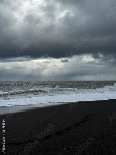 Obraz na płótnie Black sand beach with footprints under a stormy sky w salonie