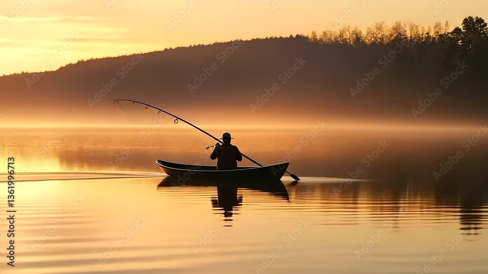 Shadow of a fisherman casting a line at dawn during summer vacation Shadow of a fisherman casting a line at dawn during summer vacation