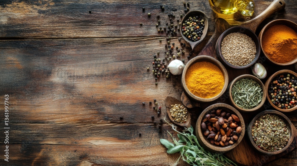 Wooden surface with colorful spices and herbs in small bowls Wooden surface with colorful spices and herbs in small bowls