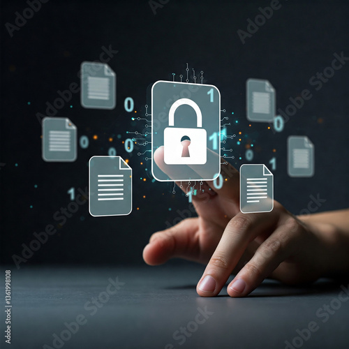 businessman touching virtual screen. Information security and data storage protection. Hand touching padlock icon on binary file icons.