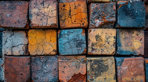 A pile of bricks is stacked on top of each other. The bricks are old and worn, and the pile is quite high.  HD 8K wallpaper Photographic Image