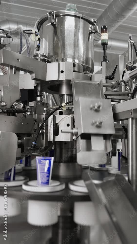 An automatic conveyor throws finished tubes of cream onto the packaging line. Production of cosmetic products at the factory. Conveyor for automatic production of hand and body cream. Vertical video. An automatic conveyor throws finished tubes of cream onto the packaging line. Production of cosmetic products at the factory. Conveyor for automatic production of hand and body cream. Vertical video.