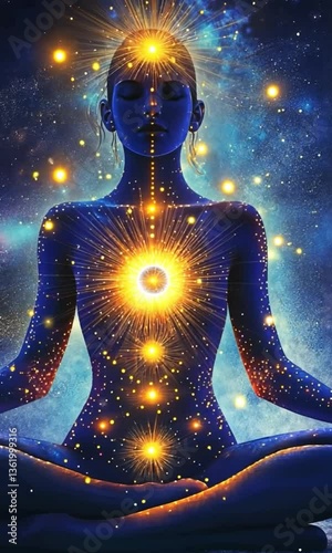 Mystical Meditation with Glowing Chakras in Cosmic Energy Field, a woman meditating in a lotus position, surrounded by a glowing cosmic aura. Her body radiates vibrant chakra energy, with each energy 