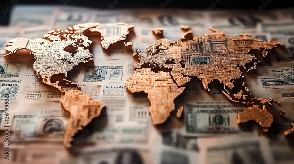 Naklejka premium An artistic representation of a world map intricately designed with currency notes, symbolizing global finance, trade, and the interconnectedness of economies across the world.