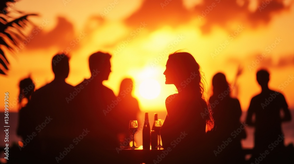A blurred silhouette of a couple enjoying a sunset gathering, with a group of friends in the background. A blurred silhouette of a couple enjoying a sunset gathering, with a group of friends in the background.