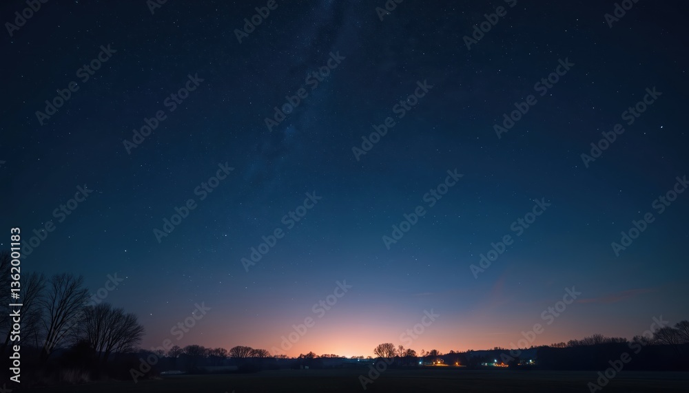 Night sky with stars. Tranquil landscape silhouette with distant lights, houses, trees. Serene atmosphere, cosmos, nightscape, twilight. Calmness, beauty of nature. Suitable for travel, tourism, Night sky with stars. Tranquil landscape silhouette with distant lights, houses, trees. Serene atmosphere, cosmos, nightscape, twilight. Calmness, beauty of nature. Suitable for travel, tourism,