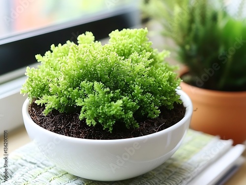 Vibrant green selaginella plant in a white bowl by a window sill photo