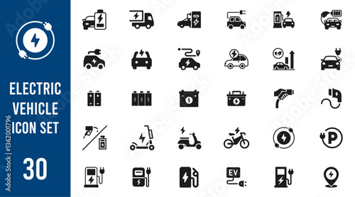 Electric vehicle icon set. charging station, battery, EV charging, e-bike, hybrid, e-car, electric scooter and power, Vector illustration.