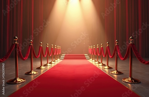 Red carpet path with golden stanchions for exclusive event. Spotlight, red velvet rope, luxurious VIP entrance. Ceremony, show, award ceremony, premiere. Glamour, Hollywood party, celebrity entrance.
